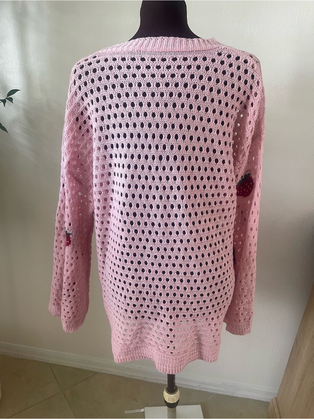 BloomChic Pink Crochet Tie-Front Strawberry Cardigan cozy sweater - Picture 5 of 7